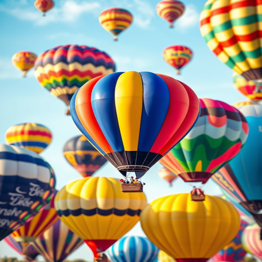 regenerate an illustration of colorful hot air balloons in various patterns and styles, focus on vibrant colors and clear details, use an aperture of f/4 for a shallow depth of field, set ISO to 200 for optimal brightness, employ a wide-angle lens for a broader view, and capture in high-resolution digital format to enhance image quality