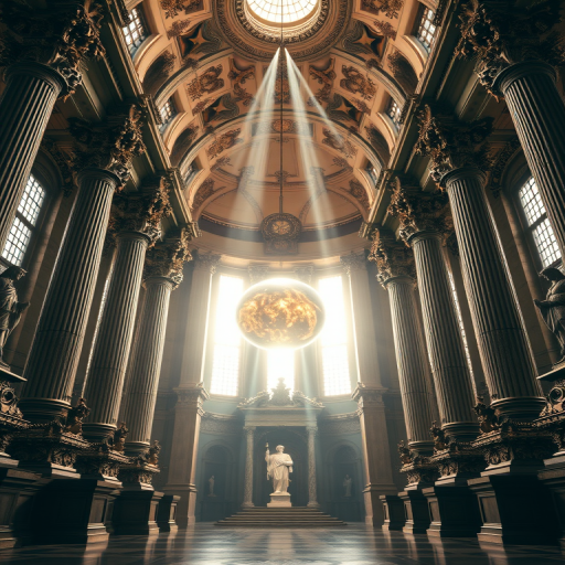 Create an image of an ornate grand hall with towering columns and intricate statues, featuring a glowing orb suspended in the center, soft beam lights filtering through tall windows, with a DSLR camera, 35mm lens, f/2.8 aperture, ISO 200, and a low angle view to enhance depth and quality.