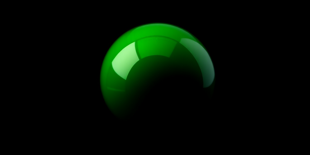 Create a high-resolution image of a glossy green sphere on a black background, camera settings: ISO 100, aperture f/2.8, shutter speed 1/200s, camera view: close-up, camera style: macro, camera type: DSLR.