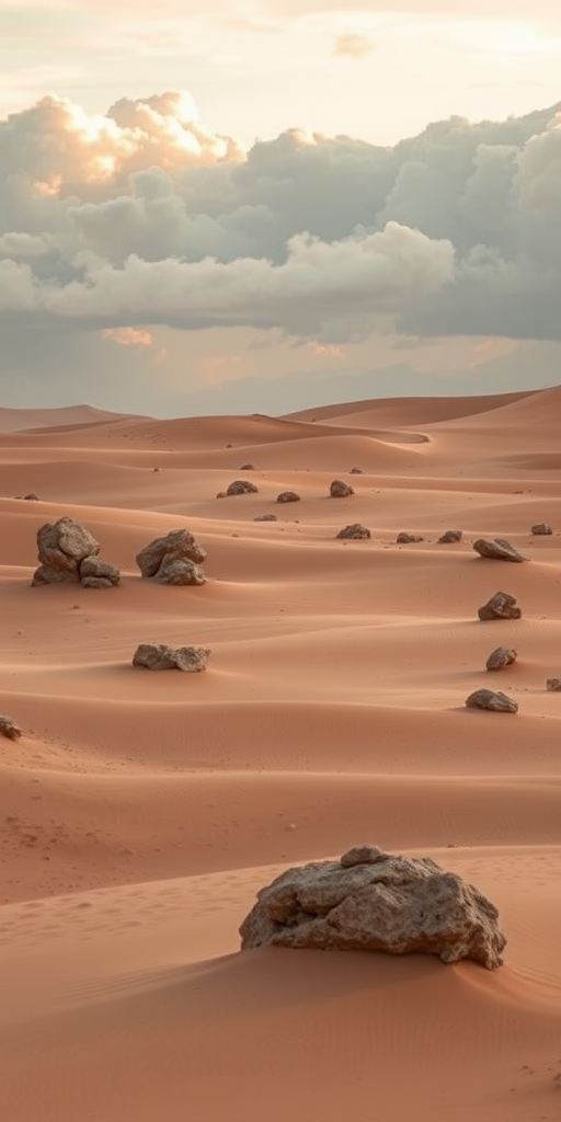 desert landscape at dawn with soft light illuminating sandy dunes and scattered boulders, clouds rolling in the background, use a Canon EOS R5 with a 24-70mm f/2.8 lens, aperture f/8, ISO 100, shutter speed 1/125s, focus on foreground details and a wide-angle view to capture the expansive scene