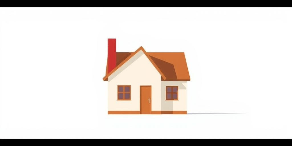 Create a minimalist illustration of a house with a sloped roof, a red chimney, and a smooth surface, using a wide-angle lens at f/8, ISO 100, with a depth of field to enhance the clarity, captured with a digital camera in a bright, evenly lit setting.