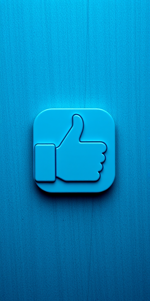 Regenerate an image of a thumbs-up icon on a textured blue background with high resolution, using a Canon EOS R5 with a 50mm f/1.2 lens, aperture f/5.6, ISO 100, 1/125s exposure, top-down view, and soft light.