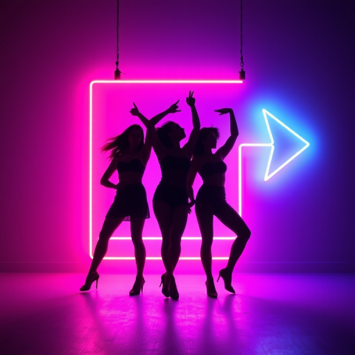 Create a vibrant neon sign featuring silhouettes of three dancing women with a glowing arrow pointing right, shot with a Canon EOS R5 at f/2.8, ISO 100, shutter speed 1/125s, in a studio setting with soft purple and blue lighting.