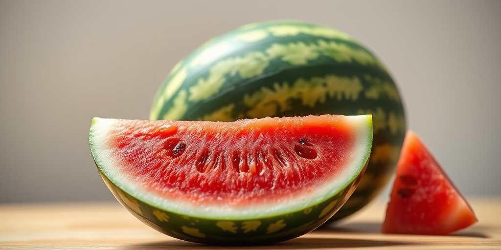 Create an image of a watermelon with a whole fruit behind a sliced piece, use a 50mm lens at f/4 aperture, ISO 100, and a shallow depth of field to enhance focus on the watermelon, in a bright studio setting with soft lighting.