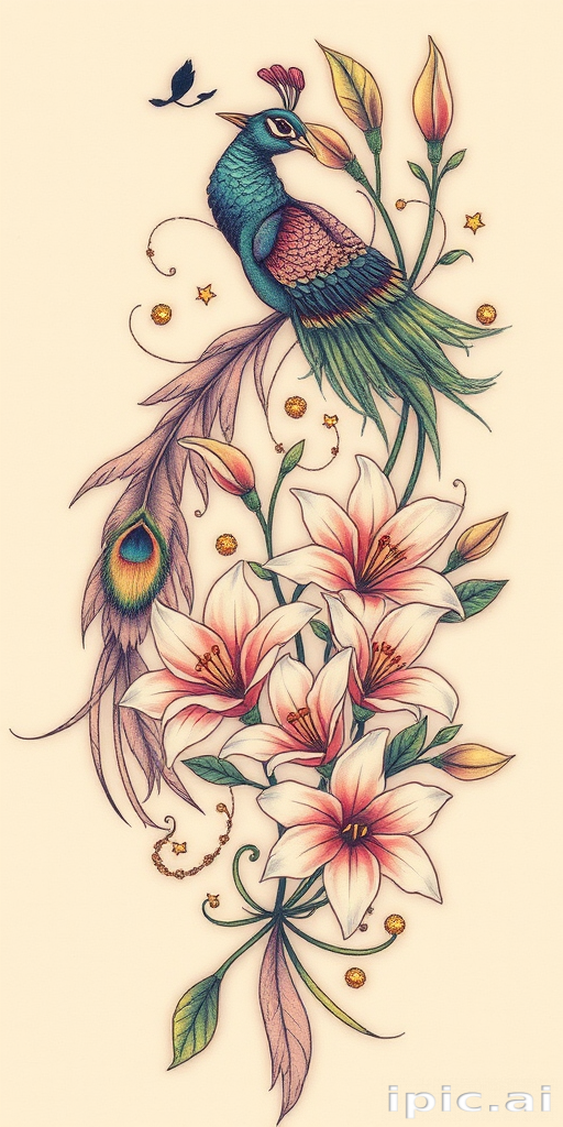 Art nouveau-inspired tattoo titled "Whimsical Whispers" featuring flowing, organic lines and natural motifs such as peacock feathers and lilies, with delicate pastel colors and gold leaf accents