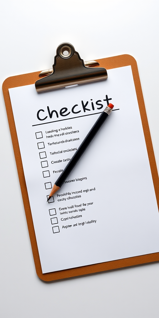create a checklist on a clipboard with a pencil resting on it, high resolution, focus on details, ISO 100, aperture f/2.8, focal length 50mm, top-down view, studio lighting, digital camera