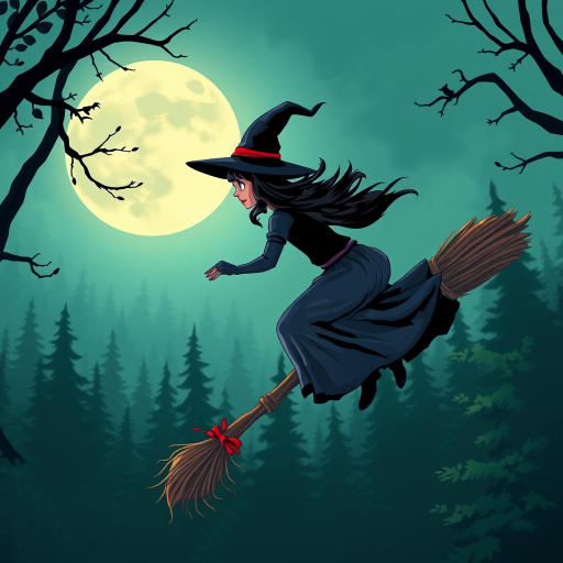 witch flying on a broomstick against a full moon in a forest backdrop, digital illustration, high resolution, camera type: DSLR, camera settings: f/8, 1/250s, ISO 100, lens: 50mm, view: wide angle, style: vibrant colors with contrast
