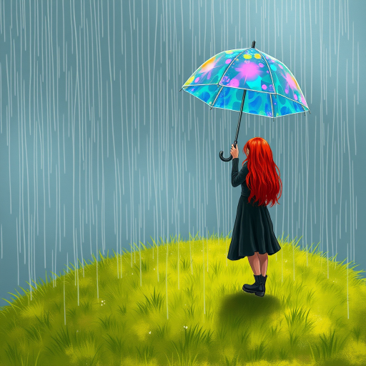 A surreal hand-drawn digital artwork depicting a mysterious red-haired woman standing on a grassy hill under the rain. She holds an umbrella crafted from iridescent zircon, its vibrant sheen contrasting with the soft, rainy atmosphere. The scene feels dreamlike, blending the natural elements of the hill and rain with the otherworldly shimmer of the umbrella.