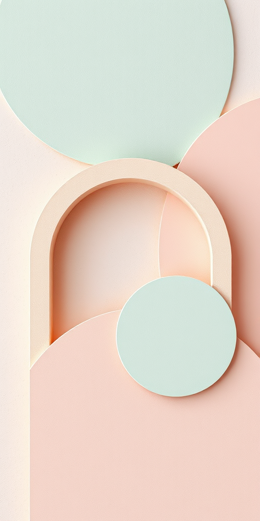 Create a digital artwork featuring abstract geometric shapes such as arches and circles in a soft pastel color palette, focus on a textured background for depth, high resolution 300 DPI, shot from a top-down view using a DSLR camera with a 50mm lens at f/8 aperture for sharp detail, natural lighting to enhance softness and texture.