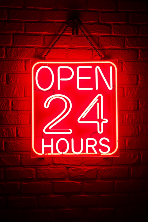 A vibrant neon sign displaying "Open 24 Hours" against a textured brick wall, captured with a Canon EOS R5, 50mm lens, f/1.8 aperture, ISO 100, 1/200s shutter speed, using a high-contrast night mode for enhanced clarity and vibrancy.
