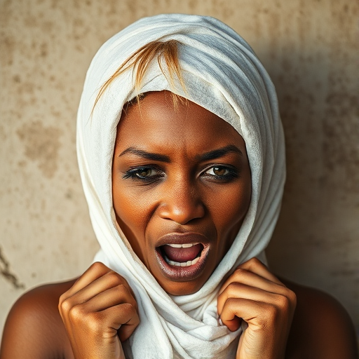 Create a close-up photographic image of a Zulu woman with light skin tones shown against an old, worn wall. Their head is wrapped in a white cloth covering (i.e.... parts of the head except the nose and mouth, which are open as if they are screaming...), with a slight texture and visible folds in the fabric. Thin strands of blonde hair escape from the wrapping above, falling lightly at the top and sides. Their hands hold the fabric as if they are tugging nervously. The lighting is dramatic and even, casting strong shadows. The image has a minimalist and surreal style with an emphasis on simplicity with soft color tones. The composition is centered.