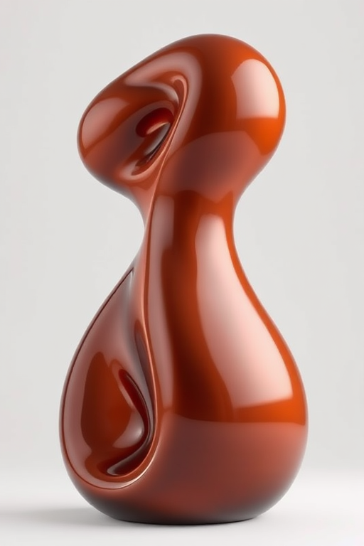 Create a 3D render of a glossy brown figure resembling an abstract sculpture, shot with a Canon EOS R5, 85mm lens, aperture f/2.8, ISO 100, in a soft diffused natural light setup, focused on creating a high-quality detailed texture.