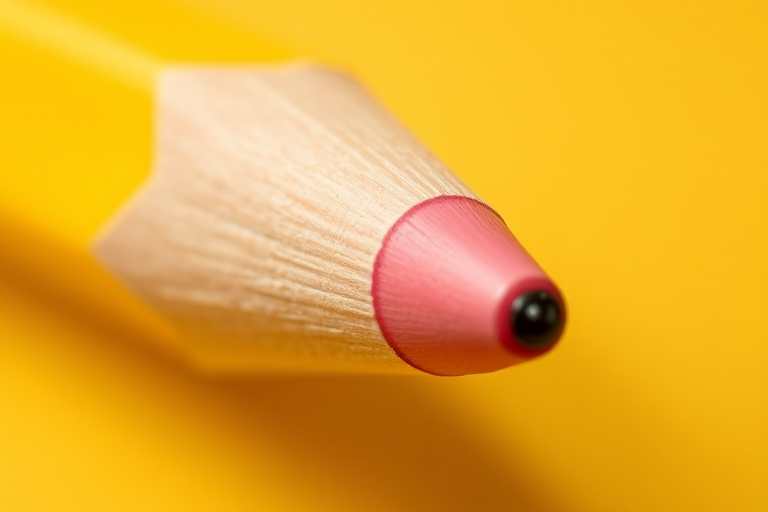 Create a high-resolution image of a classic yellow pencil with a pink eraser and sharpened tip, captured at a close-up view with a 50mm lens, f/1.8 aperture, and natural lighting to enhance details and texture.