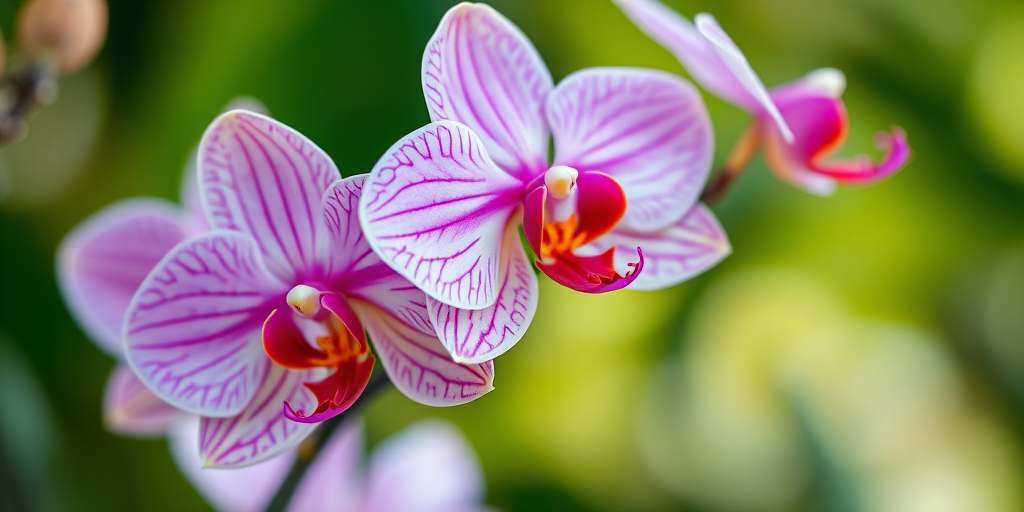 capture a close-up of vibrant pink and white orchids with a shallow depth of field, use a macro lens, aperture f/2.8, ISO 100, natural lighting, focus on intricate petal textures, with a blurred green background