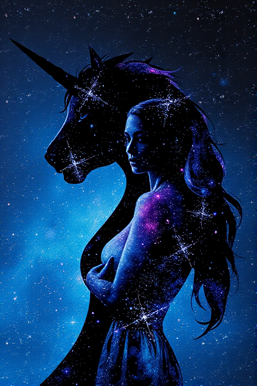 Captivating conceptual render alcohol ink art, double exposure, the paint strokes artfully merge combining a woman's full silhouette with a Unique unicorn's silhouette. The figures are composed of a series of colored dots, lines & spots that evoke the image of a cosmic galaxy, colors are deep shades of blue purple & black with flashes of white & silver representing distant stars. The woman's silhouette is formed within the lion's silhouette from constellations of scattered stars, surreal