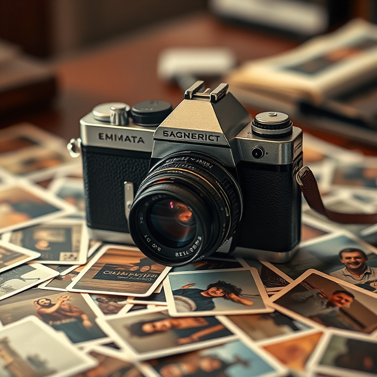Regenerate an image of a vintage camera placed on a table surrounded by scattered photographs, with a depth of field effect, using a DSLR camera with a 50mm lens, aperture set to f/1.8, ISO 100, and a shutter speed of 1/125s for enhanced clarity and detail.