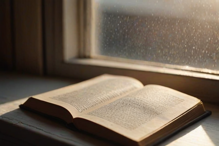 Sharp, detailed close-up of a book resting on a windowsill, soft sunlight streaming through the window, tiny dust particles visible in the air, the smell of old pages and ink lingering in the background.