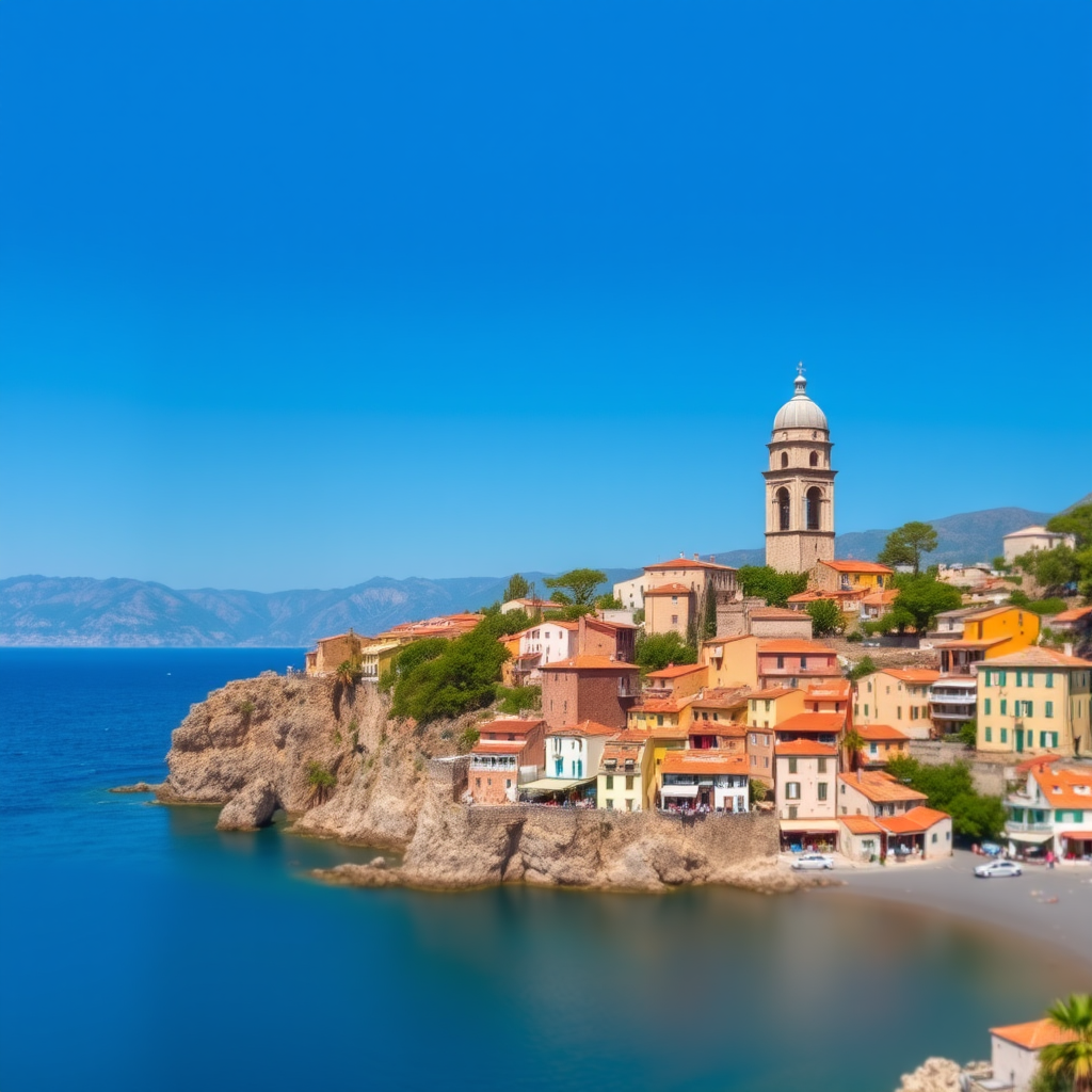 high-resolution image of a coastal village with a prominent bell tower, clear blue sky, mountains in the background, shot with a DSLR camera at f/8, ISO 100, 24mm lens, natural light, vibrant colors, panoramic view