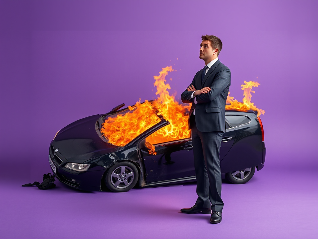 A businessman in a disheveled suit stands in shock next to an overturned black car engulfed in flames on a minimalistic purple background, shot with a DSLR camera at f/4.0 aperture, 50mm lens, ISO 200, in natural lighting for enhanced image quality.