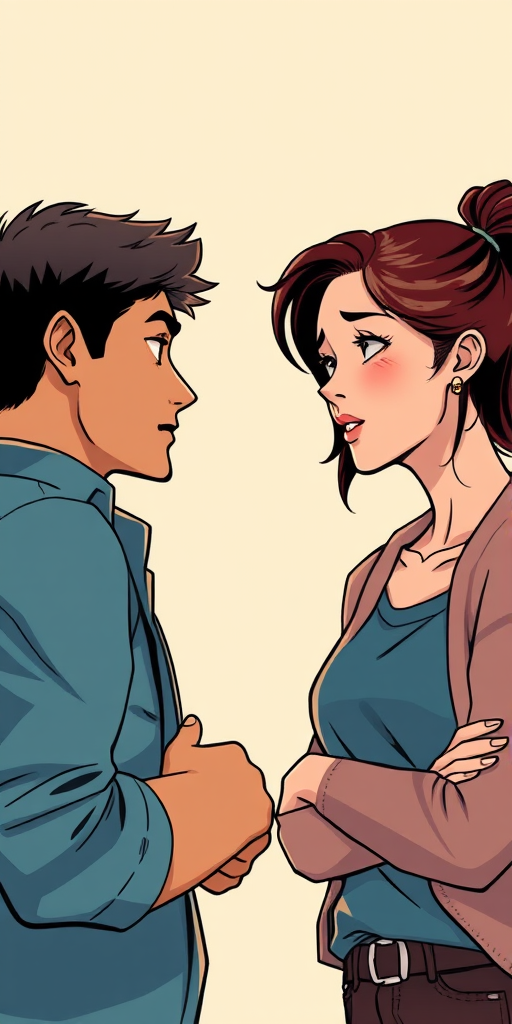 A digital illustration of a heated conversation between a young man and woman, focus on their facial expressions and body language, soft lighting, high saturation colors, 50mm lens, f/2.8 aperture, ISO 100, captured from eye level perspective, enhance with a crisp comic style and smooth gradients.