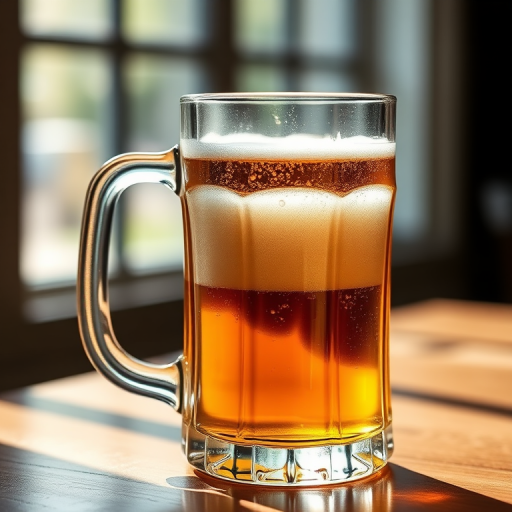 Create a high-resolution image of a clear glass mug filled with golden beer, using a DSLR camera set to f/2.8 aperture, 50mm lens, ISO 100, with a 45-degree angle view and soft natural lighting to enhance the details and reflections.
