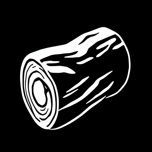 Create a high-resolution illustration of a stylized white log on a black background, using a Canon EOS R5 camera with a 50mm lens at f/1.8, ISO 100, and a shutter speed of 1/100s, capturing a close-up view with sharp details and smooth gradients.