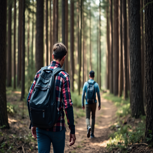 Capture two individuals walking on a forest path surrounded by tall trees, wearing flannel shirts and backpacks, natural light, shallow depth of field, ISO 200, aperture f/2.8, 50mm lens, DSLR camera, slightly angled view to highlight the forest ambiance.