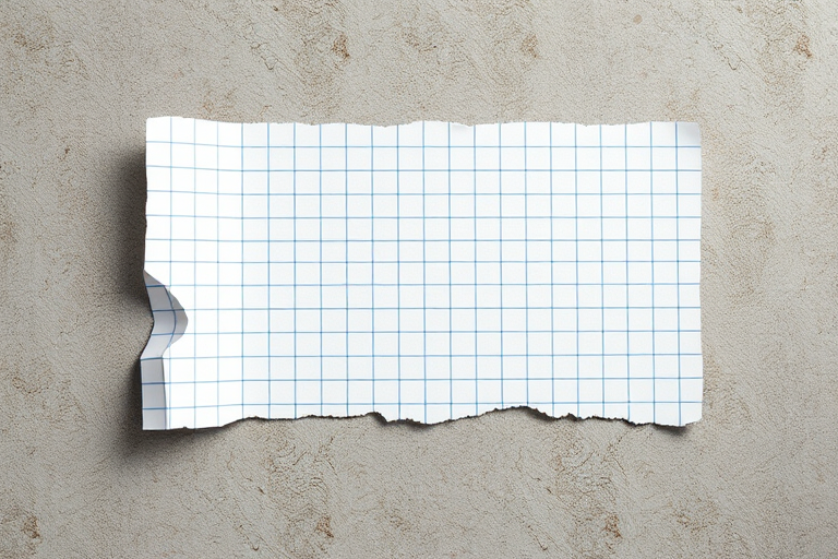 Create a high-resolution image of a torn sheet of graph paper with a textured background, using a DSLR camera at f/4 aperture, ISO 100, and a 50mm lens, shot from a top-down view with natural lighting.