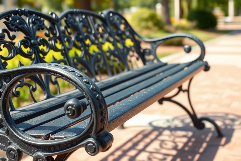 Regenerate an image of a black iron bench with intricate design, 50mm lens, f/2.8 aperture, ISO 100, shot in bright daylight from a slightly elevated angle, using a DSLR camera for high detail and clarity.