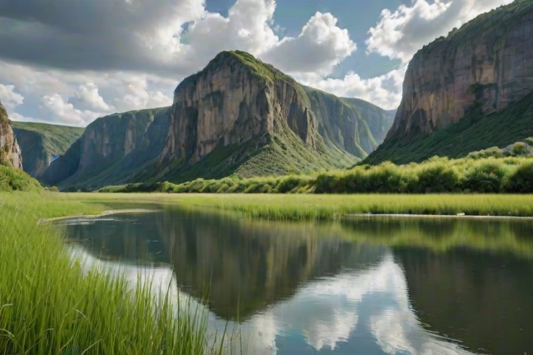 generate a serene landscape featuring a lush green riverbank with tall grasses and gentle water reflections, surrounded by steep cliffs under a partly cloudy sky