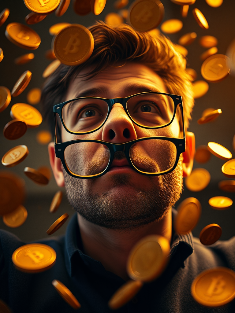 portrait of a man with glasses surrounded by floating gold coins, dramatic lighting, 50mm lens, f/1.8 aperture, ISO 200, soft focus background, low angle view, cinematic style, full-frame camera