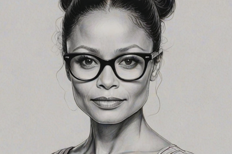 Alluring Thandie Newton, pencil sketch, portrait of Elegant woman 1958s in glasses, hair style beatnik, outline, clear lines, fine lines, 8k