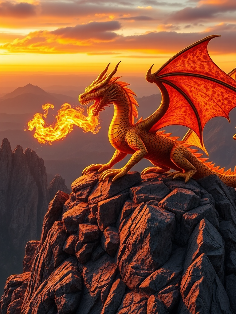 highly detailed image of a golden dragon breathing fire on a rocky mountain, sunset lighting, 35mm lens, f/2.8 aperture, ISO 100, wide-angle view, DSLR camera, 4K resolution, HDR processing