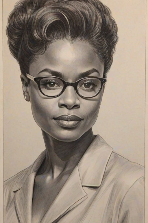 Gorgeous Adina Porter, pencil sketch, portrait of Wonderful woman 1952s in glasses, hair style beatnik, outline, clear lines, fine lines, 8k