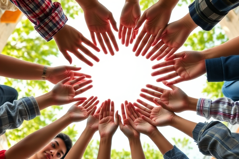 Create an image of diverse hands reaching towards the center in a circular formation, using a 50mm lens with f/2.8 aperture, soft natural lighting, top-down angle, and high-resolution digital format to enhance detail and clarity.