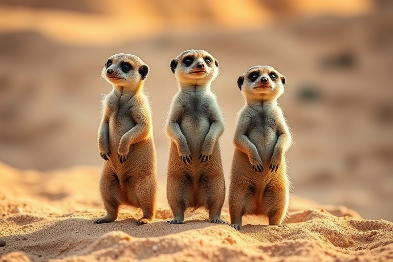 Regenerate the image of three meerkats standing on sand under soft natural light, with a Canon EOS 5D Mark IV, 24mm lens, at f/2.8, ISO 200, shutter speed 1/125s, using a shallow depth of field to emphasize the subjects and a warm color tone.