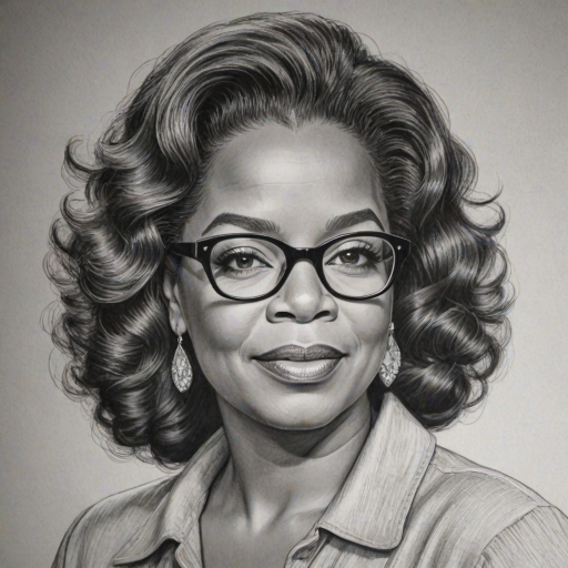 Delightful Oprah Winfrey, pencil sketch, portrait of Charming woman 1937s in glasses, hair style beatnik, outline, clear lines, fine lines, 8k