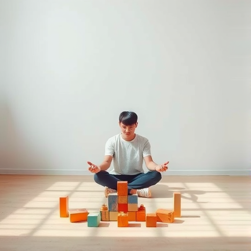 Create a high-resolution image of a minimalist, abstract representation of a person sitting cross-legged on the floor, focused on building blocks, using a 50mm lens, f/2.8 aperture, ISO 100, with overhead natural lighting, captured from a eye-level viewpoint in a digital format.