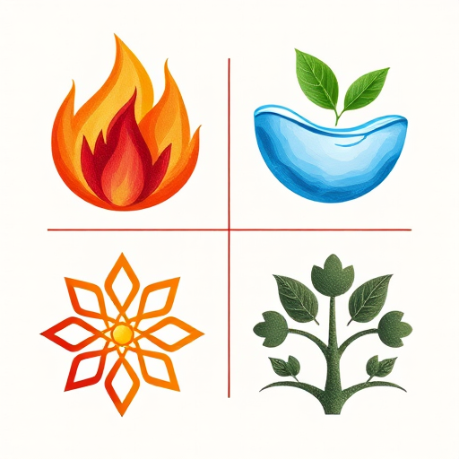 Create an illustration featuring the symbols for fire, water, air, and earth in a 2x2 grid layout, using a high-resolution digital camera with a 50mm lens, f/1.8 aperture, and ISO 100, in a flat lay style with soft natural lighting to enhance clarity and detail.