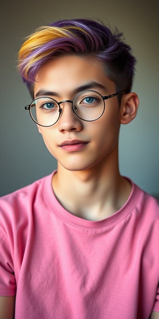 Photograph a young man with purple and yellow split hair, wearing round glasses and a casual striped pink shirt, captured in soft diffused lighting with a 50mm lens at f/1.8, ISO 100, and a shallow depth of field, using a portrait style on a digital DSLR camera.