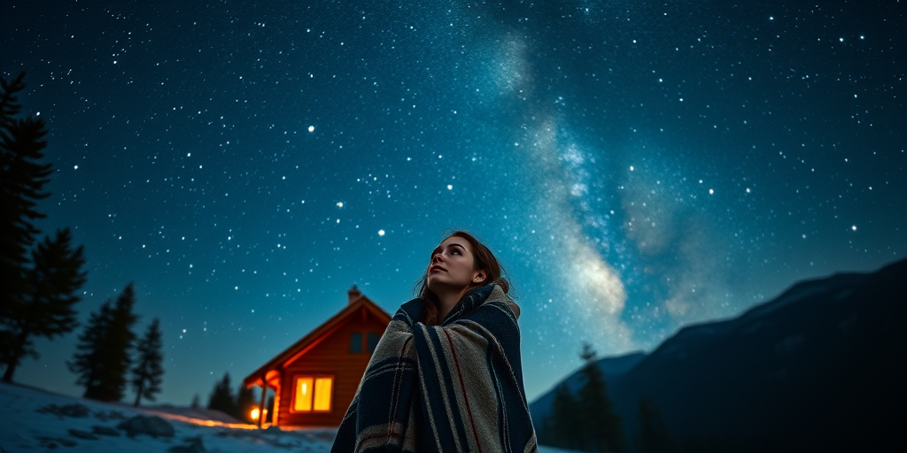 Secluded mountain cabin, the sky clear and full of stars, a woman stands outside wrapped in a blanket, her gaze upward, mesmerized by the Milky Way stretching across the night.