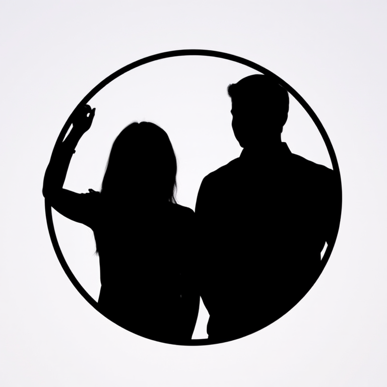 Generate two silhouettes of people in a circular format with a plain background, using a DSLR camera with a 50mm lens at f/1.8, ISO 100, aperture priority mode, and a soft focus style for enhanced image quality.