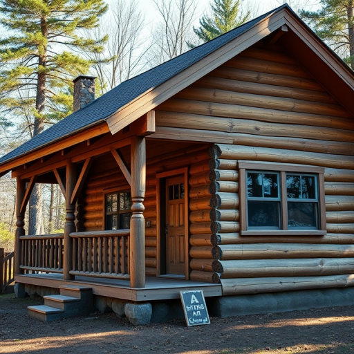 Regenerate a detailed wooden cabin with a sloped roof and a porch, using 50mm lens, f/8 aperture, natural lighting, 4K resolution, side angle view, DSLR camera style.