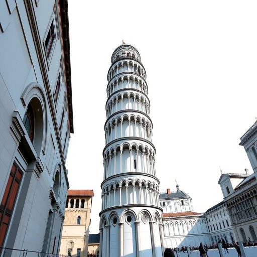 Create a highly detailed illustration of the Leaning Tower of Pisa, capturing its iconic architectural features with a focus on vertical alignment and shadowing, using a DSLR camera with a 50mm lens, aperture f/1.8, ISO 100, shot from a low angle to emphasize its height and leaning effect, in a bright, clear daylight setting.