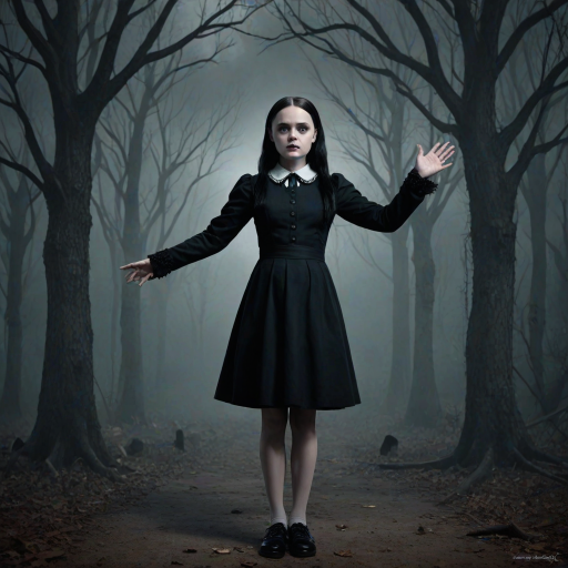Digital art, full height portrait of Wednesday Addams, standing up with her hands in the air as if in a hold-up. Her dark, gothic attire replaces Alice’s classic blue dress, and she wears black shoes instead of blue. A small, neat black bow adorns her hair, capturing her signature style. The overall composition maintains a whimsical yet eerie tone, similar to Alice in Wonderland, while showcasing Wednesday’s iconic gothic charm.