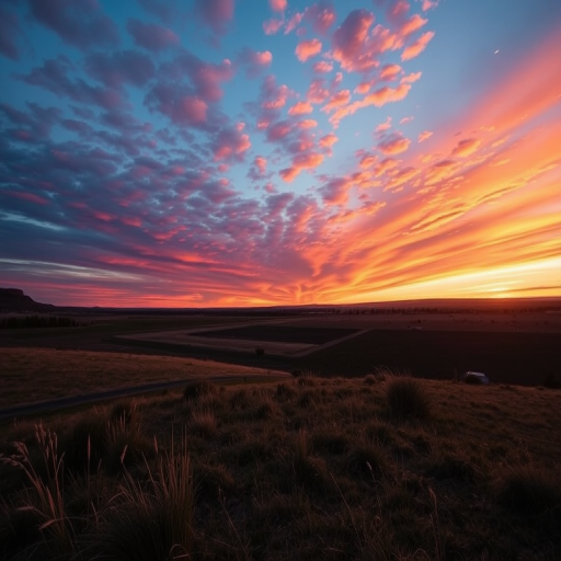 Create a high-resolution image of a serene landscape at sunset with a vibrant sky, using a DSLR camera set to f/8 aperture, ISO 200, and 1/125 sec shutter speed, captured from a wide-angle perspective to emphasize the depth of the scene.