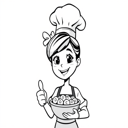 Create a cute black and white cartoon of a bakery girl with a chef hat holding a bowl of cookies, smiling and giving a thumbs up, flat design, studio lighting, 50mm lens, f/4 aperture, soft focus, high resolution.