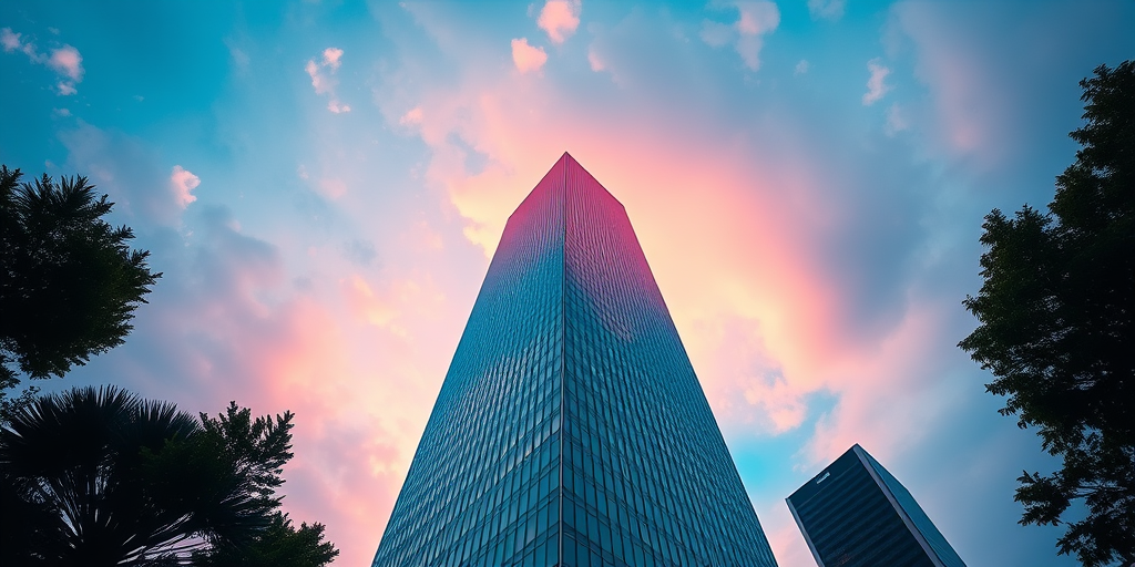 Capture a low-angle shot of a tall, modern skyscraper at sunset, using a Canon EOS R5 with a 24-70mm f/2.8 lens at ISO 100, f/8, and a shutter speed of 1/200s to ensure sharpness and vibrant colors.