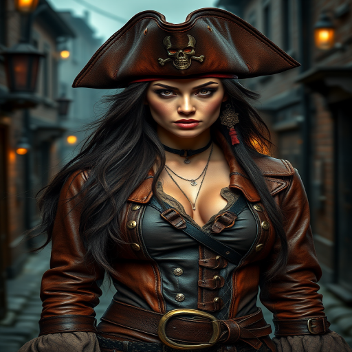 Create a portrait of a fierce female pirate. She wears a leather tricorn hat adorned with a skull and crossbones emblem, and her long, dark hair flows around her face. Her outfit consists of a richly detailed leather jacket, a corset, and multiple layers of belts and accessories, giving her a formidable and stylish appearance. She stands confidently in a dimly lit, historic port town, with a backdrop of weathered buildings and cobblestone streets, capturing the adventurous spirit of a pirate.