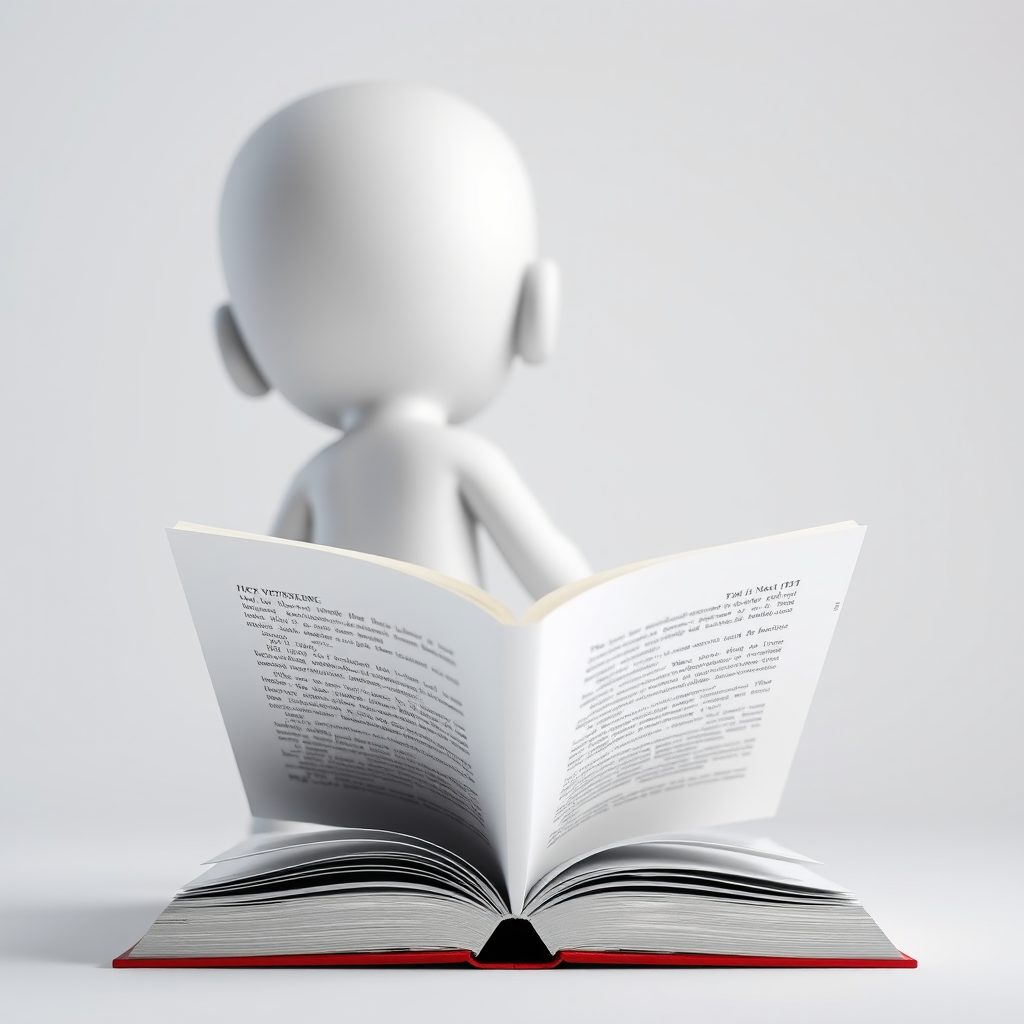 3D character reading an open book from behind, focus on details of the pages, soft lighting, 50mm lens, aperture f/2.8, shallow depth of field, studio setting, high-resolution rendering